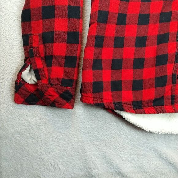 Boston Traders Flannel Shirt Jacket Women's Small Red Buffalo Plaid Sherpa Hood - Picture 4 of 9